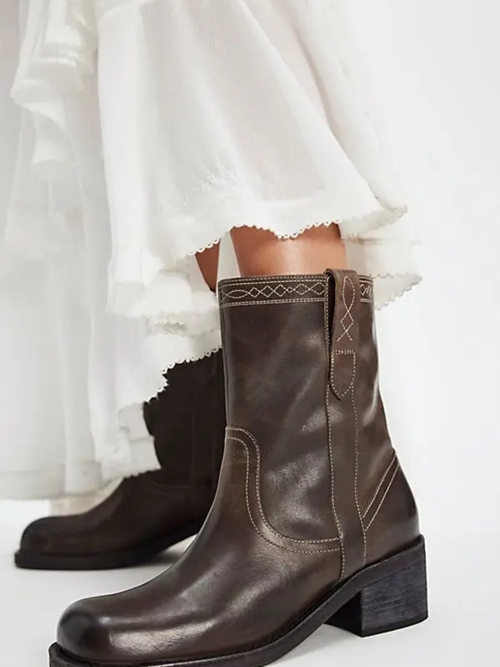 Free People Dark Brown Leather Mid-Calf Western Heeled Boots